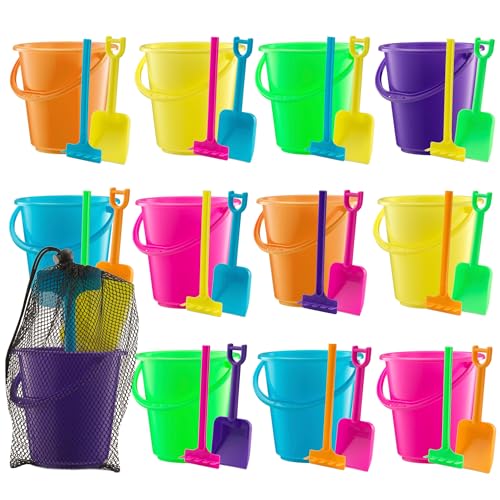 Mini 4.5-Inch Beach Buckets for Kids - Sand Buckets and Shovels w/Rakes & Mesh Bags - Small Beach Pails - Sturdy Unbreakable Plastic - Beach Party Favors & Giveaways for Toddlers Ages 3-6